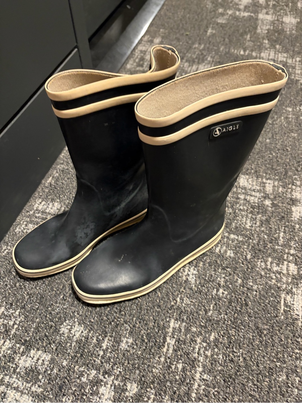 Aigle Black Rain Boots with Cream Trim